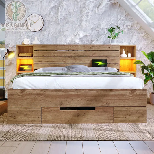 Lit Moderne en Bois Massif Epuré. Un cadre de lit en bois texturé avec tête de lit à lattes intégrant des niches lumineuses et un large tiroir frontal, posé sur un tapis beige.