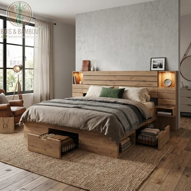 Lit Moderne en Bois Massif situation. Lit double en bois clair avec rangements intégrés sous le sommier et tête de lit fonctionnelle avec éclairage, dans une chambre spacieuse au style contemporain.