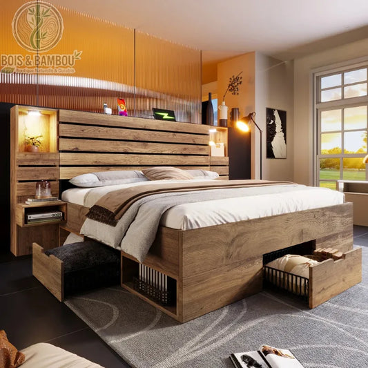 Lit Moderne en Bois Massif. Un lit robuste en bois texturé avec une tête de lit à lattes et éclairage intégré, doté de tiroirs de rangement latéraux ouverts dans une chambre élégante.