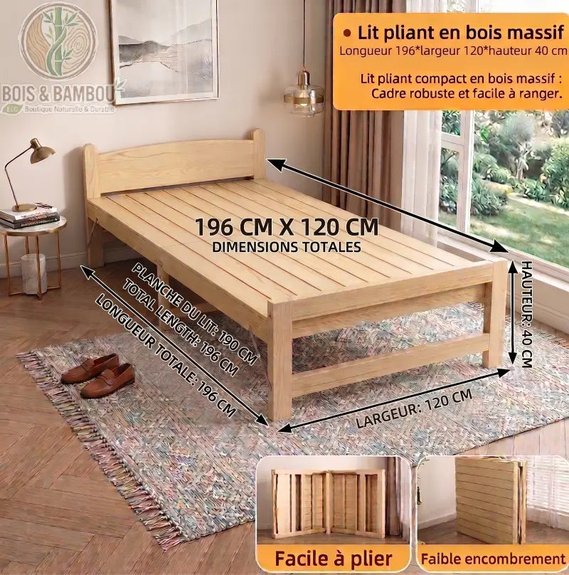 Lit Pliable en Bois Massif 120 cm. Infographie montrant un lit d'appoint en bois clair avec ses dimensions de 196x120 cm et des visuels illustrant sa facilité de pliage et de rangement.
