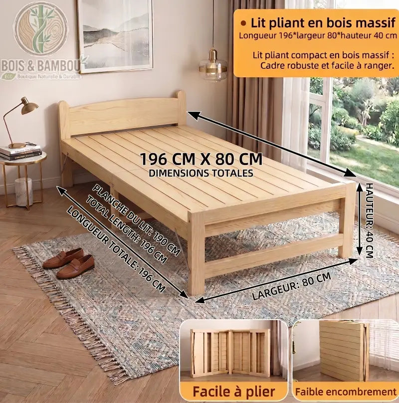 Lit Pliable en Bois Massif 80 cm. Infographie montrant un lit d'appoint en bois clair avec ses dimensions de 196x80 cm et des visuels illustrant sa facilité de pliage et de rangement.