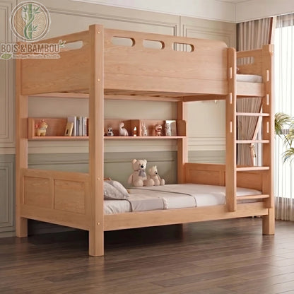Lit Superpose en Chene Rouge modele2 : lit superposé robuste en chêne rouge massif avec échelle intégrée et étagère de rangement. Un design élégant et sécurisé pour chambre d'enfant.