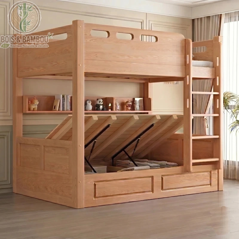 Lit Superpose en Chene Rouge modeleB : lit superposé en bois massif avec sommier relevable offrant un grand coffre de rangement, étagère et échelle. Design robuste et fonctionnel.