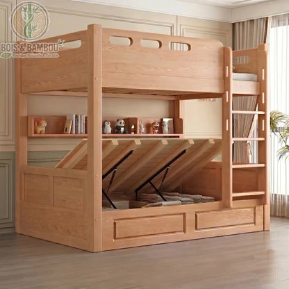 Lit Superpose en Chene Rouge modeleB : lit superposé en bois massif avec sommier relevable offrant un grand coffre de rangement, étagère et échelle. Design robuste et fonctionnel.