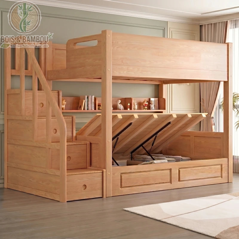 Lit Superpose en Chene Rouge modele F : lit superposé haut de gamme en bois massif avec escalier cabinet , irétagère à livres et grand coffre intégré. Design robuste, sécurisé et fonctionnel.