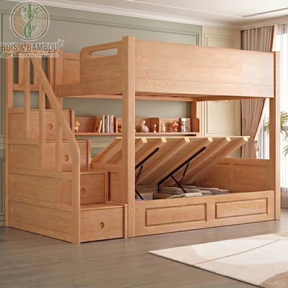 Lit Superpose en Chene Rouge modele F : lit superposé haut de gamme en bois massif avec escalier cabinet , irétagère à livres et grand coffre intégré. Design robuste, sécurisé et fonctionnel.