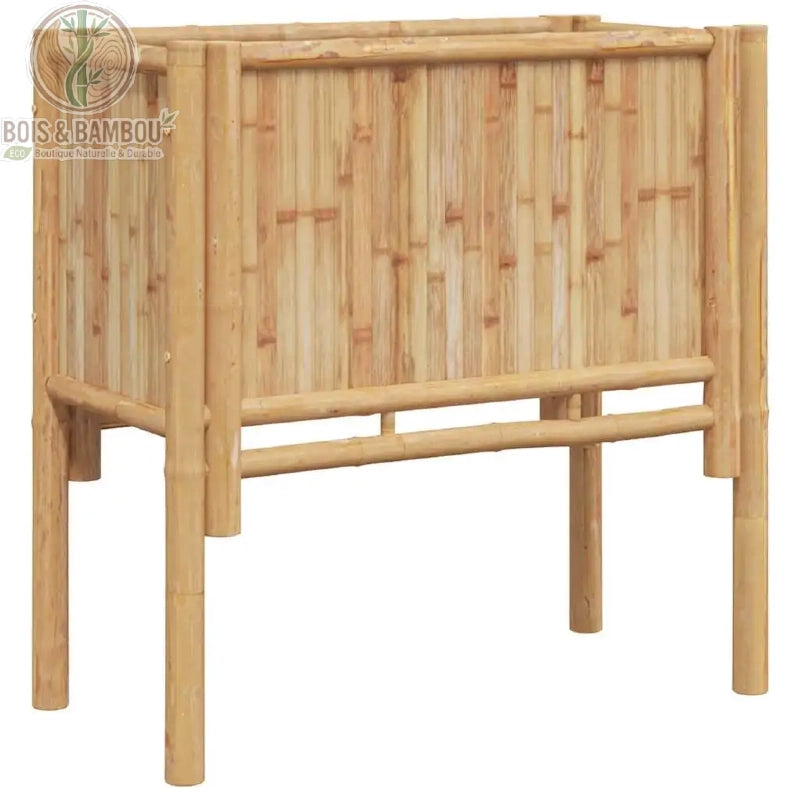 Vue trois quarts potager surélevé bambou pieds ronds structure robuste