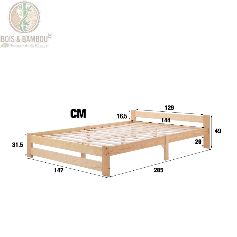 Lit Tatami en Bois de Pin dimensions. Un schéma technique présentant un cadre de lit minimaliste en bois clair avec ses dimensions précises en centimètres sur fond blanc épuré.