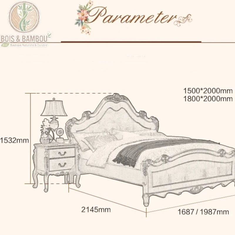 Lit en Acajou Massif Traditionnel dimension. Un croquis technique présentant un lit de style baroque avec ses dimensions précises, accompagné d'une table de chevet assortie.