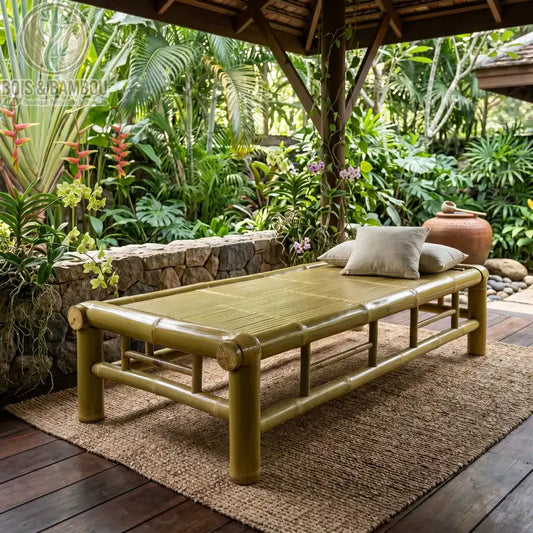 Lit en Bambou Tressé Carbonisé Classique. Un lit de repos robuste en bambou épais avec plateau tressé et coussins, installé sous un pavillon ouvert entouré d'un jardin tropical.