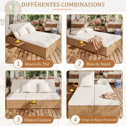 Lit en bois de jardin Double en Rotin descriptif. Infographie illustrant quatre configurations modulables : Heure du Thé, Bain de Soleil, Séance Cinéma et Temps de Repos Personnel sur une terrasse.