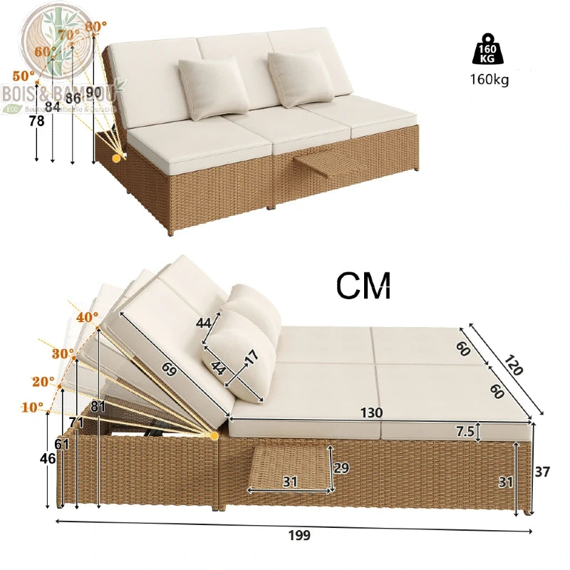 Lit en bois de jardin Double en Rotin dimensions. Schéma technique détaillé d'un lit de jardin modulable indiquant ses mesures (199x120 cm), ses angles d'inclinaison et sa capacité de charge de 160 kg.