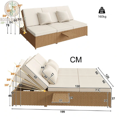 Lit en bois de jardin Double en Rotin dimensions. Schéma technique détaillé d'un lit de jardin modulable indiquant ses mesures (199x120 cm), ses angles d'inclinaison et sa capacité de charge de 160 kg.
