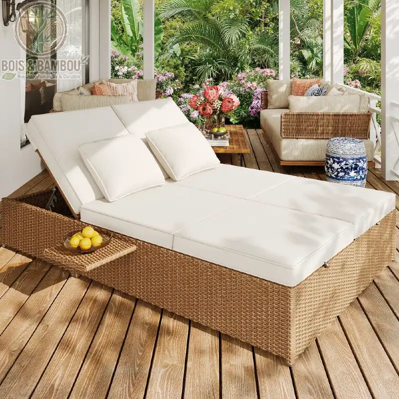 Lit de Jardin Double en Rotin. Un grand lit d'extérieur en résine tressée avec matelas et coussins blancs, dossiers inclinables et tablette latérale sur une terrasse en bois.