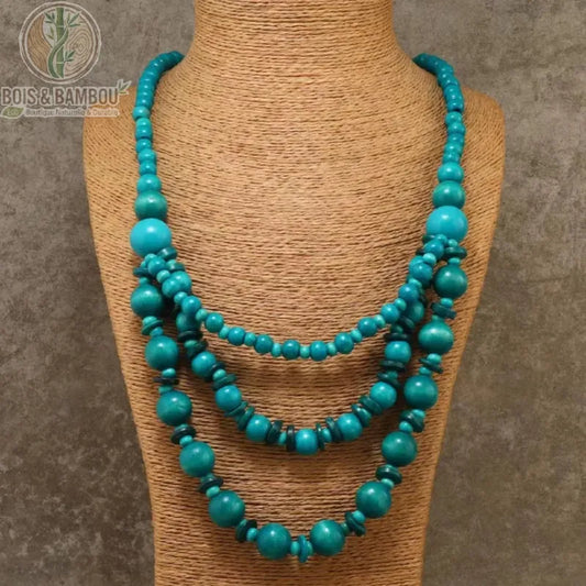 long collier perles bois 3 rangs coloris bleu paon turquoise présentoir raphia style bohème