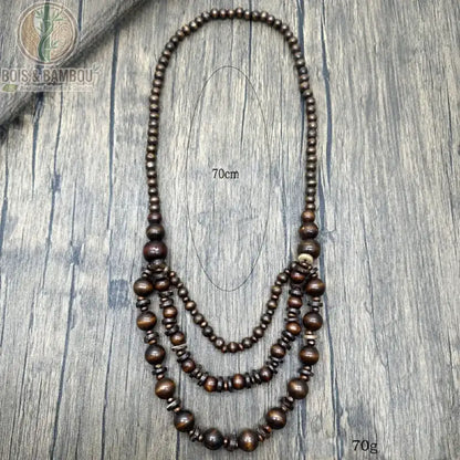 long collier perles bois 3 rangs à plat longueur 70 cm poids 70 g dimensions mesures