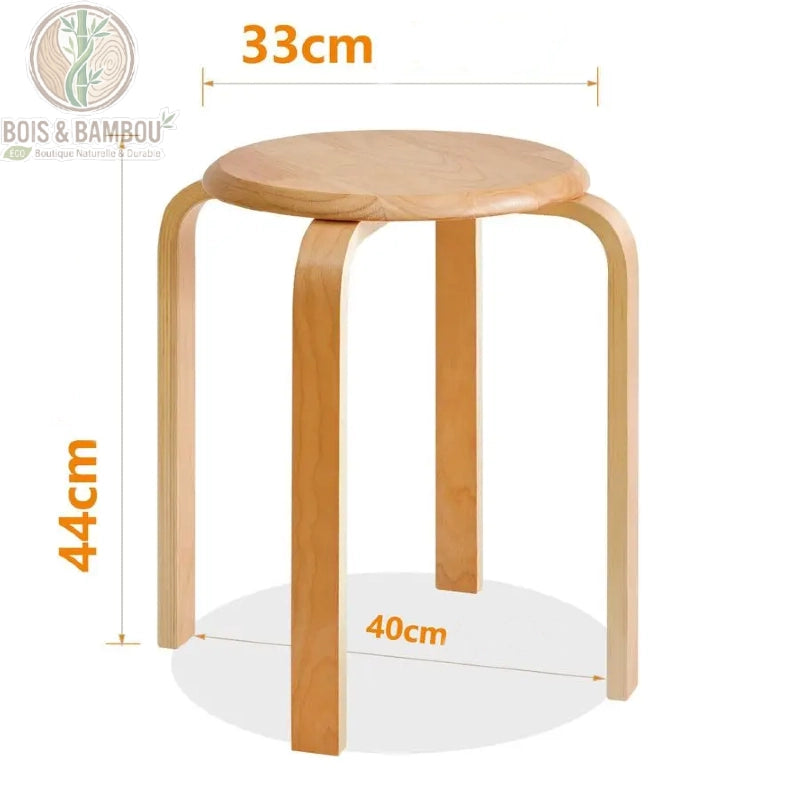 Lot de 4 Tabourets en Bois Massif dimension. Un tabouret rond en bois clair affichant ses dimensions : 33 cm de diamètre, 44 cm de hauteur et un empattement au sol de 40 cm.