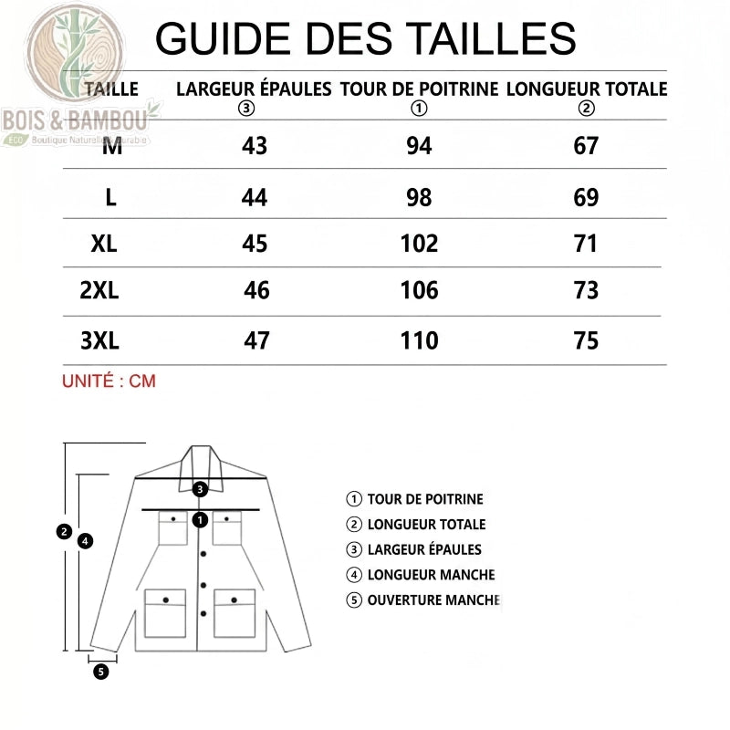 Lot de 5 Maillot de corps col en V en viscose de bambou taille. Un guide des tailles avec un tableau de mesures (M à 3XL) en cm et un schéma technique pour le buste et les épaules.
