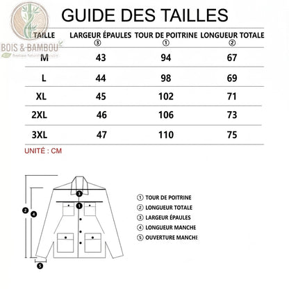 Lot de 5 Maillot de corps col en V en viscose de bambou taille. Un guide des tailles avec un tableau de mesures (M à 3XL) en cm et un schéma technique pour le buste et les épaules.