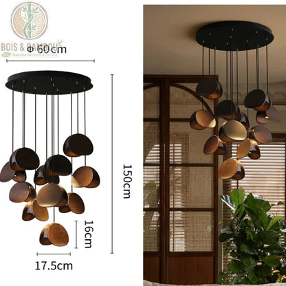 Lustre Spring Sprout 11 abat-jours bois sombre rosace ronde diamètre 60 centimètres