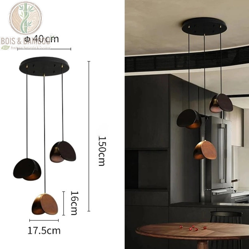 Lustre Spring Sprout 3 abat-jours bois sombre rosace ronde diamètre 40 centimètres