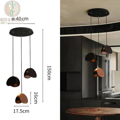 Lustre Spring Sprout 3 abat-jours bois sombre rosace ronde diamètre 40 centimètres