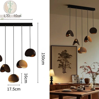 Lustre Spring Sprout 5 abat-jours bois sombre rosace rectangulaire longueur 70 centimètres