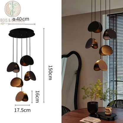 Lustre Spring Sprout 5 abat-jours bois sombre rosace ronde diamètre 40 centimètres