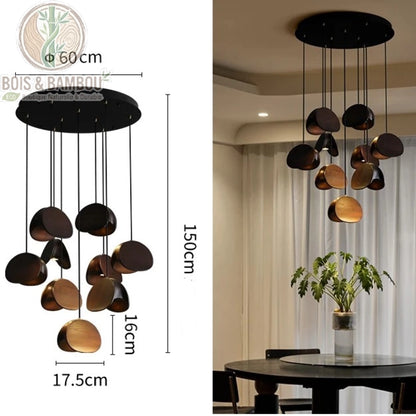 Lustre Spring Sprout 9 abat-jours bois sombre rosace ronde diamètre 60 centimètres
