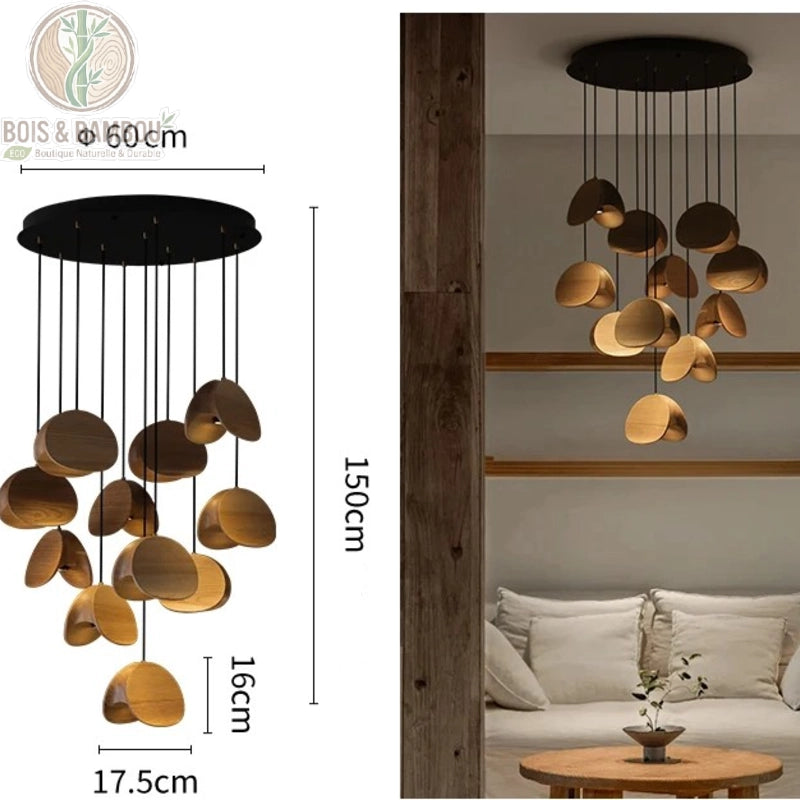 Lustre Spring Sprout 11 abat-jours bois clair rosace ronde diamètre 60 centimètres