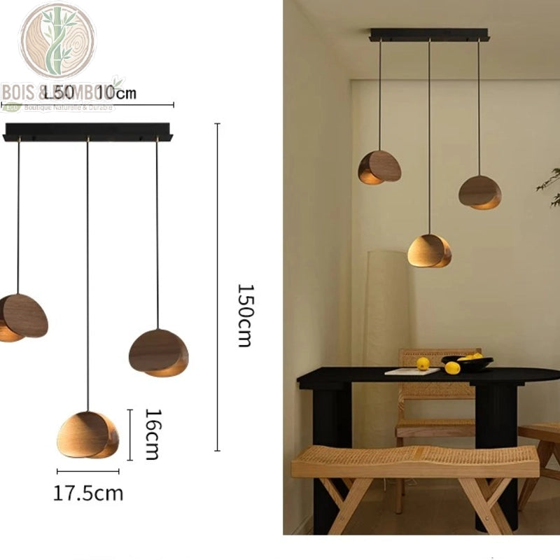 Lustre Spring Sprout 3 abat-jours bois clair rosace rectangulaire longueur 50 centimètres