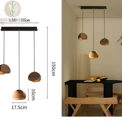 Lustre Spring Sprout 3 abat-jours bois clair rosace rectangulaire longueur 50 centimètres