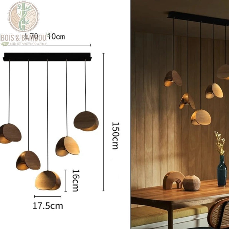 Lustre Spring Sprout 5 abat-jours bois clair rosace rectangulaire longueur 70 centimètres