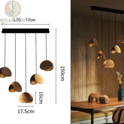 Lustre Spring Sprout 5 abat-jours bois clair rosace rectangulaire longueur 70 centimètres