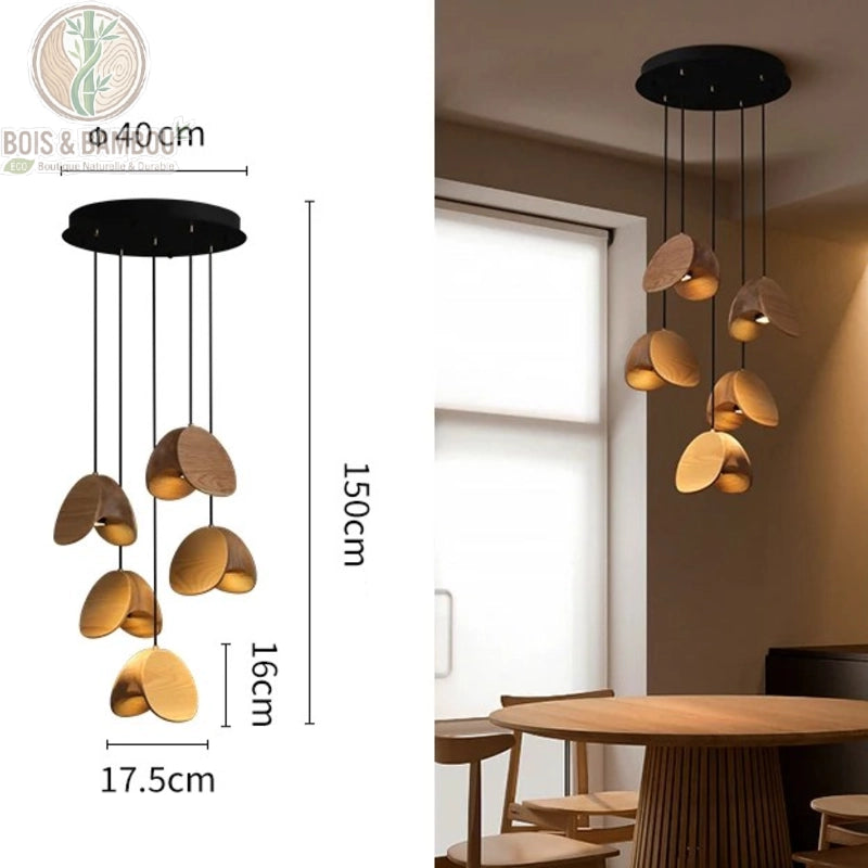 Lustre Spring Sprout 5 abat-jours bois clair rosace ronde diamètre 40 centimètres