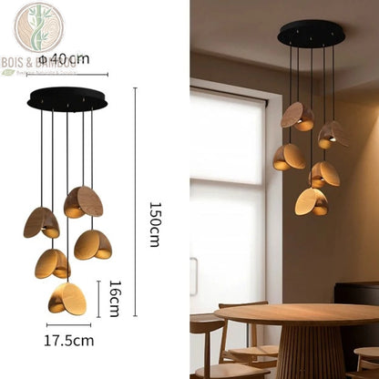 Lustre Spring Sprout 5 abat-jours bois clair rosace ronde diamètre 40 centimètres