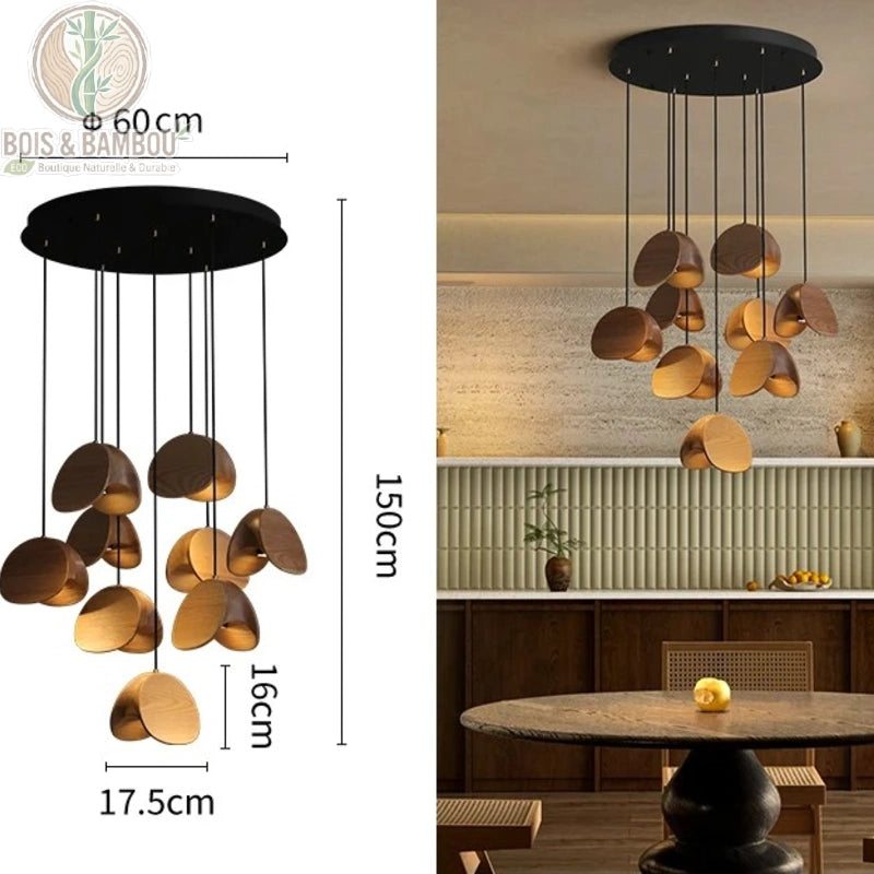 Lustre Spring Sprout 9 abat-jours bois clair rosace ronde diamètre 60 centimètres