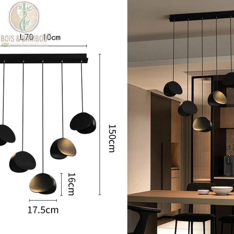 Lustre Spring Sprout 5 abat-jours noir rosace rectangulaire longueur 70 centimètres