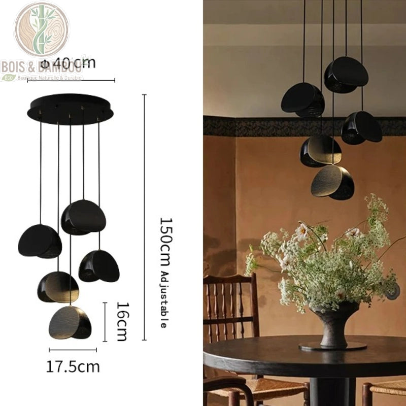 Lustre Spring Sprout 5 abat-jours noir rosace ronde diamètre 40 centimètres