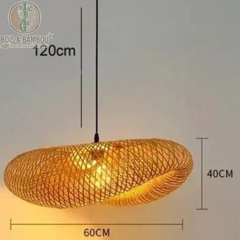 Lustre en bambou tressé diamètre 60 cm hauteur 40 cm câble 120 cm ajustable