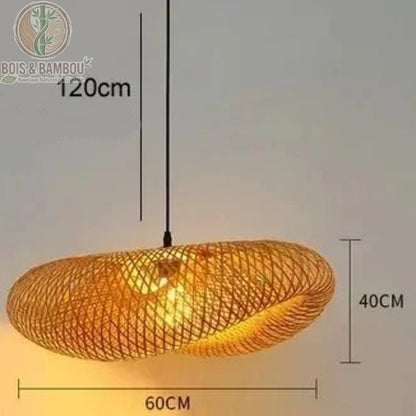 Lustre en bambou tressé diamètre 60 cm hauteur 40 cm câble 120 cm ajustable