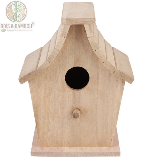Nichoir à oiseaux bois de pin vue de face avec ouverture circulaire et perchoir
