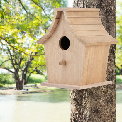 Maison d'élevage suspendue en bois de pin. Un nichoir classique en bois clair fixé au tronc d'un arbre, doté d'un trou d'entrée rond et d'un petit perchoir, au bord d'un plan d'eau.