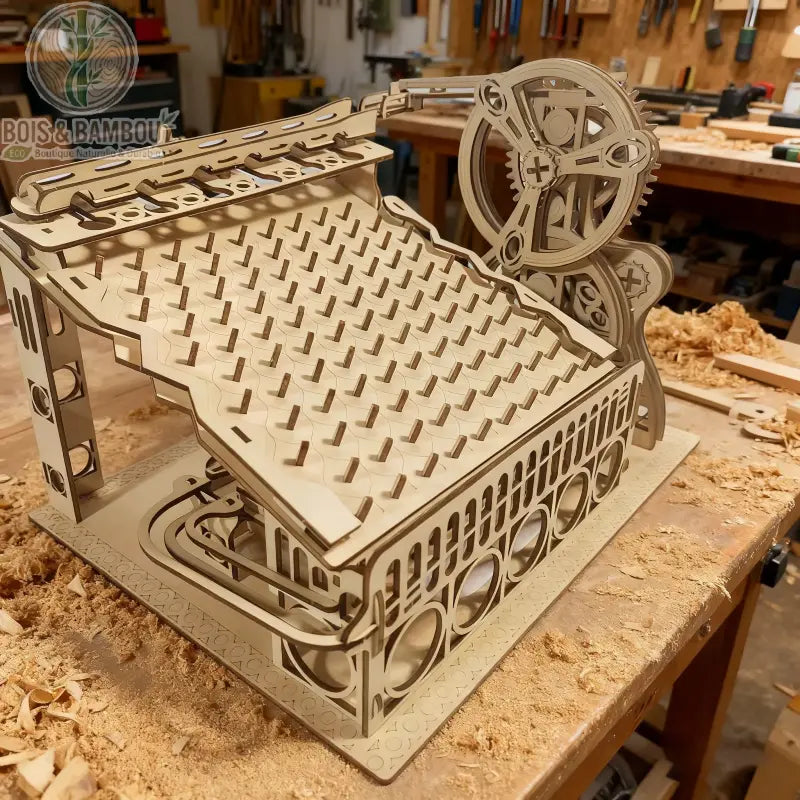 Maquette coulissante mécanique en bois. Une structure complexe en bois découpé avec un plateau incliné à picots et un mécanisme de roue dentée, posée sur un établi de menuisier.