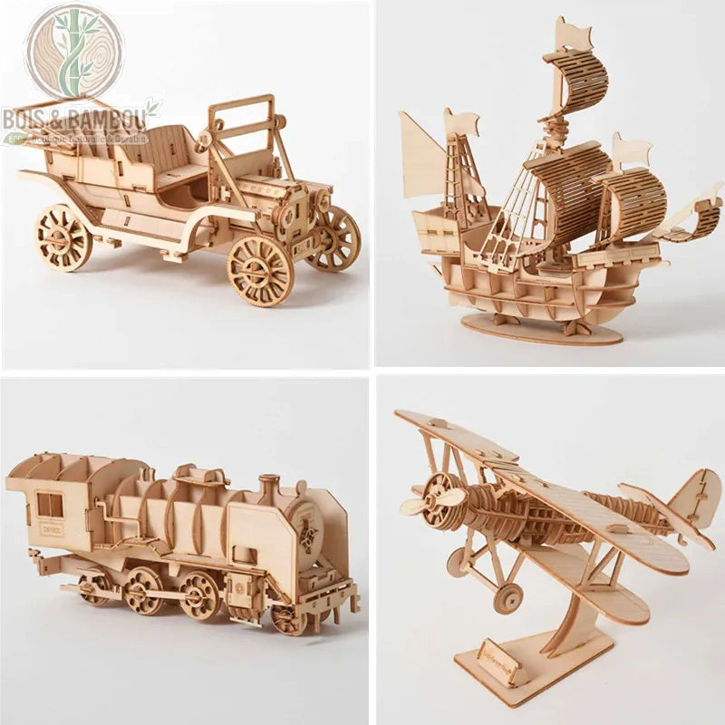 Maquette de vehicule en bois. Quatre modèles réduits en bois découpé à assembler, représentant une voiture ancienne, un voilier, une locomotive à vapeur et un avion biplan.