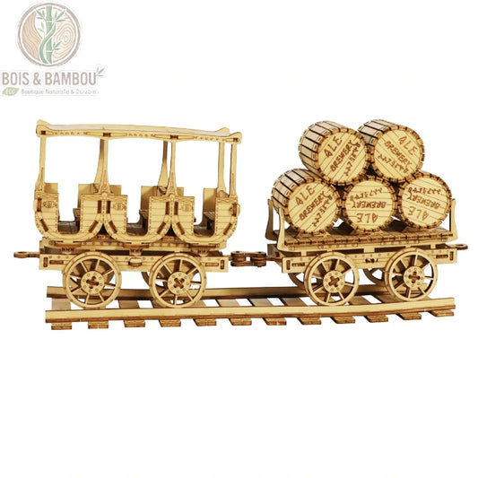 Maquette train en bois wagon à vin sur fond blanc, deux wagons assemblés