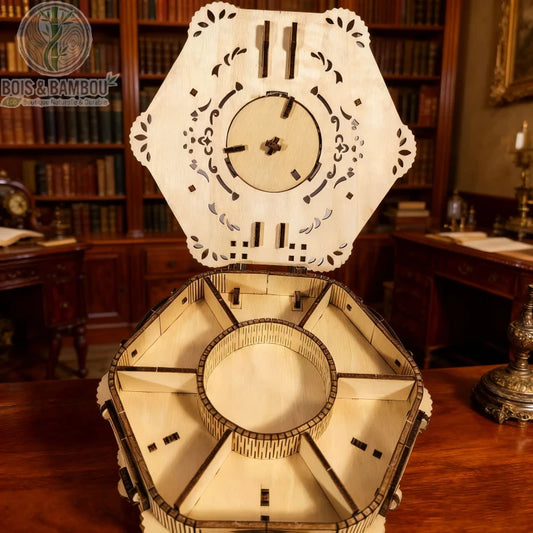 Puzzle 3D en bois ouvert montrant les compartiments de rangement