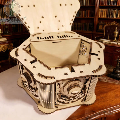Puzzle 3D en bois mécanique monté, coffret octogonal sur un bureau