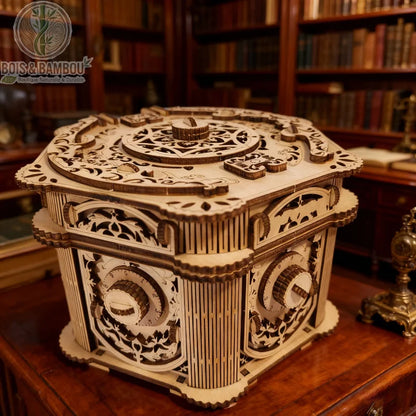 Maquette mécanique en bois. Un coffre-fort octogonal complexe avec cadrans rotatifs et gravures ornementales, assemblé en bois découpé, posé sur un bureau devant une bibliothèque.