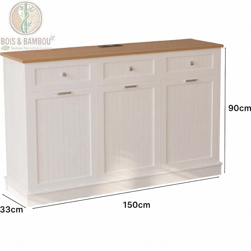 Meuble En Bois Massif Pour Tri Selectif dimensions. Schéma technique du buffet de tri sélectif blanc indiquant ses mesures : 150 cm de longueur, 90 cm de hauteur et 33 cm de profondeur.